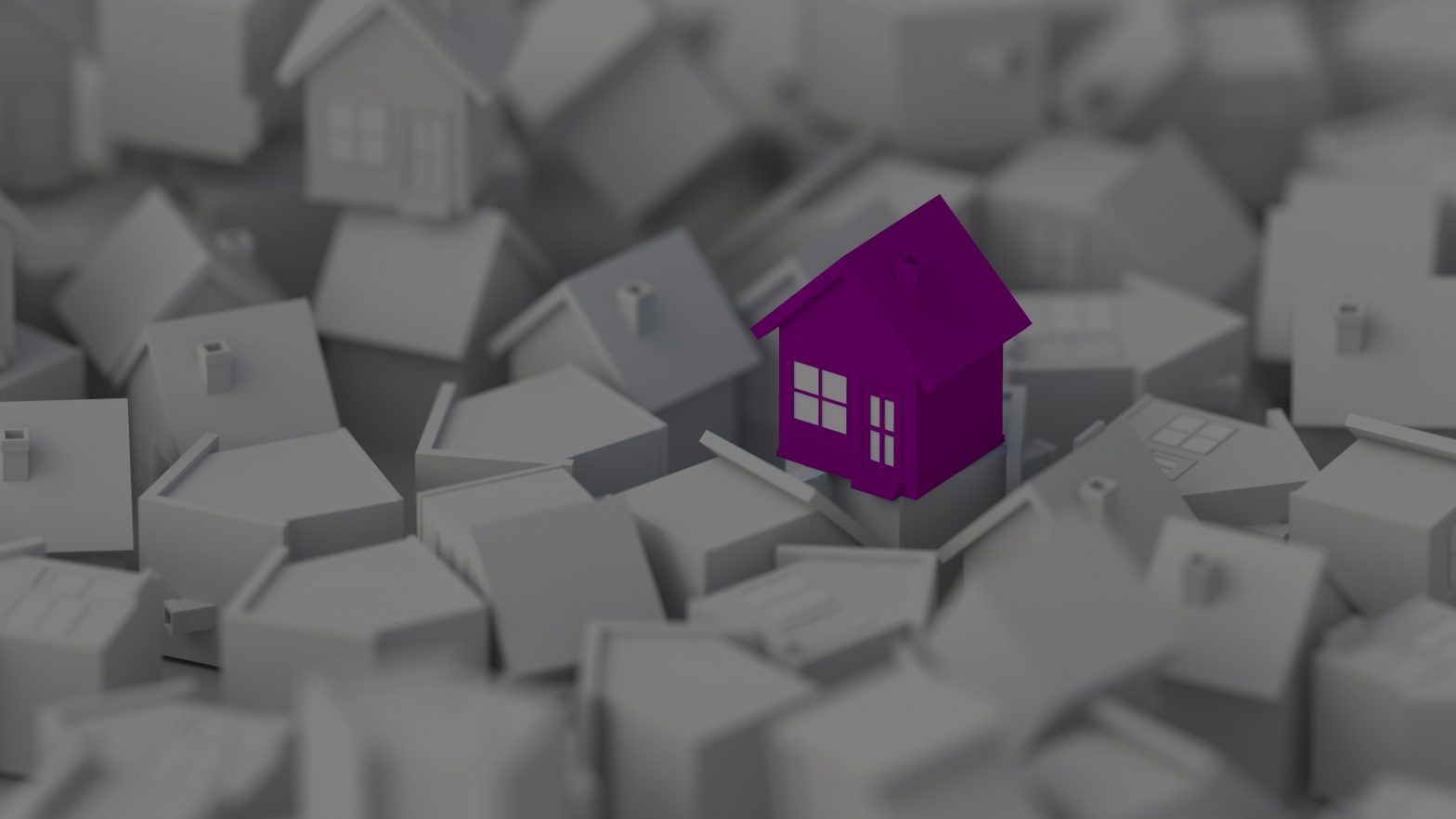 Purple toy house surrounded by white toy houses