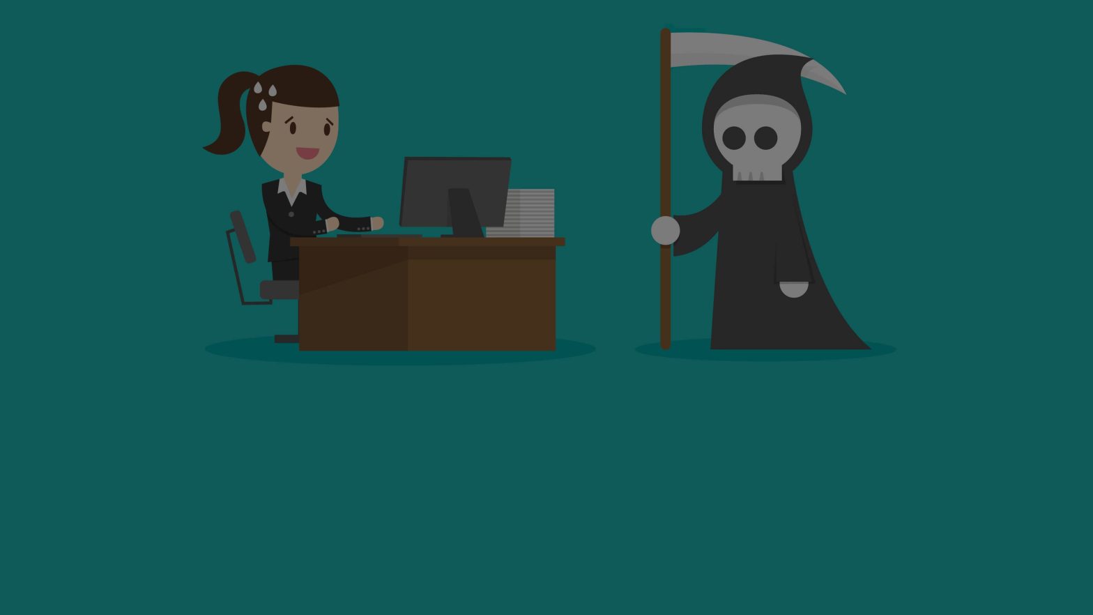 Cartoon grim reaper looking at cartoon woman sat behind desk