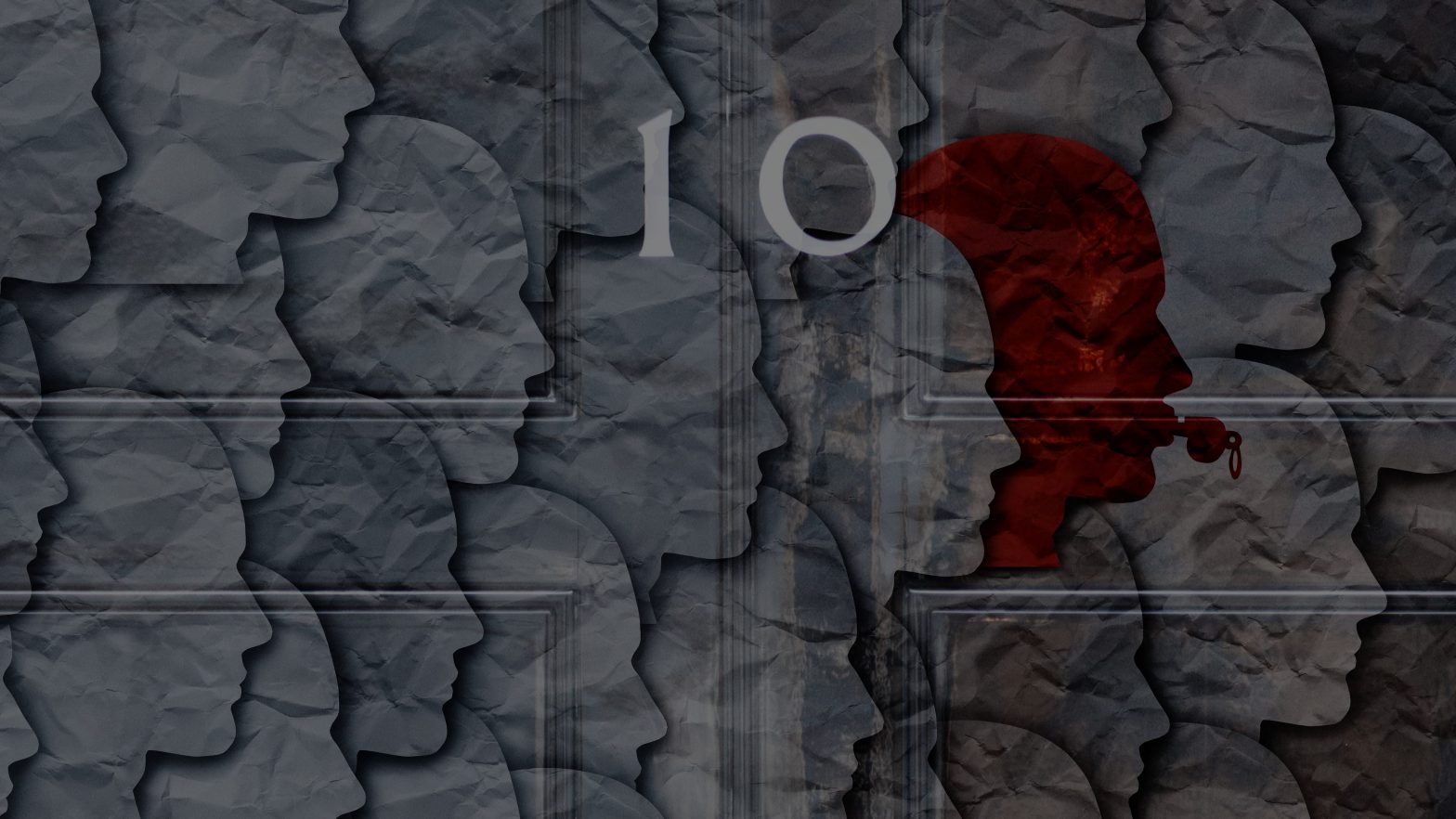 Multiple white head silhouettes with 1 red one blowing a whistle