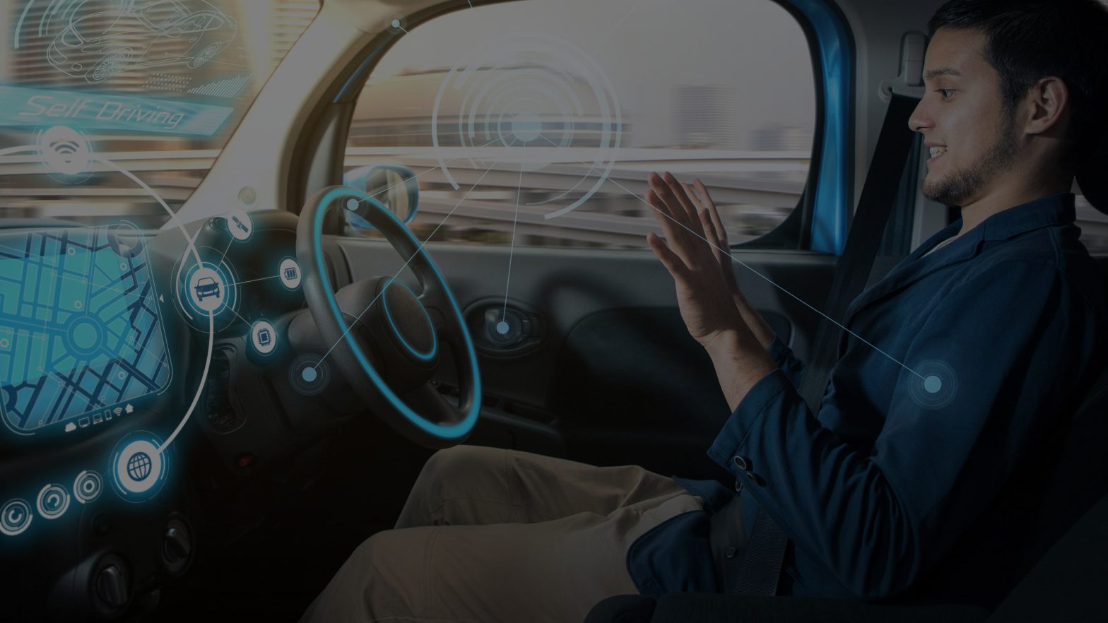 Labelled interior of an electric car