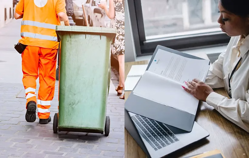 Binman wheeling a bin and officer worker at a laptop